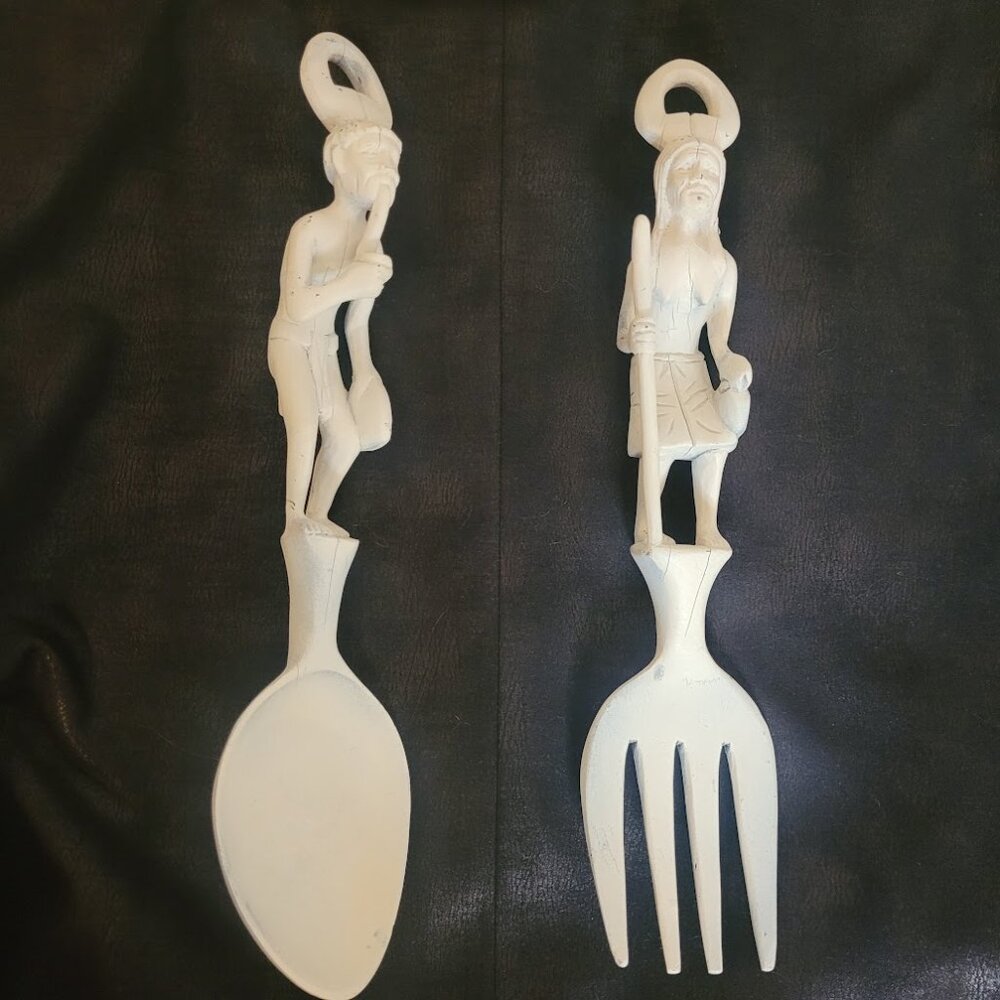 African Art Carved Wooden Fork & Spoon Utensils (Pair)